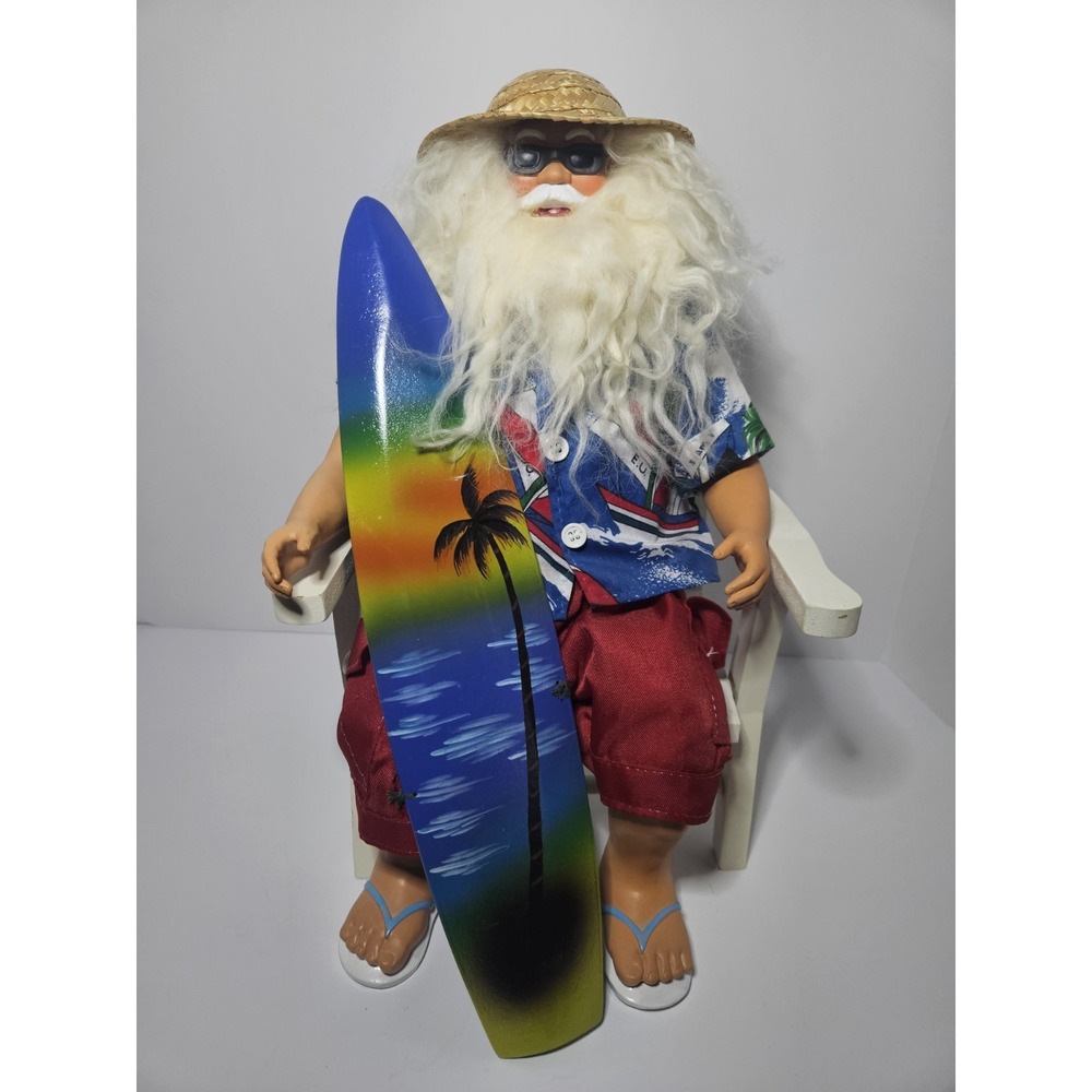 Beach Bum Santa Claus Figurine 16" Tropical Hawaiian Surfboard Lifeguard Chair